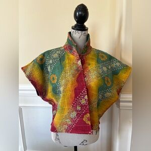 Multicolor, Tie Dyed Reversible Cropped Quilted Kimono Boho Hippe Kantha Jacket.